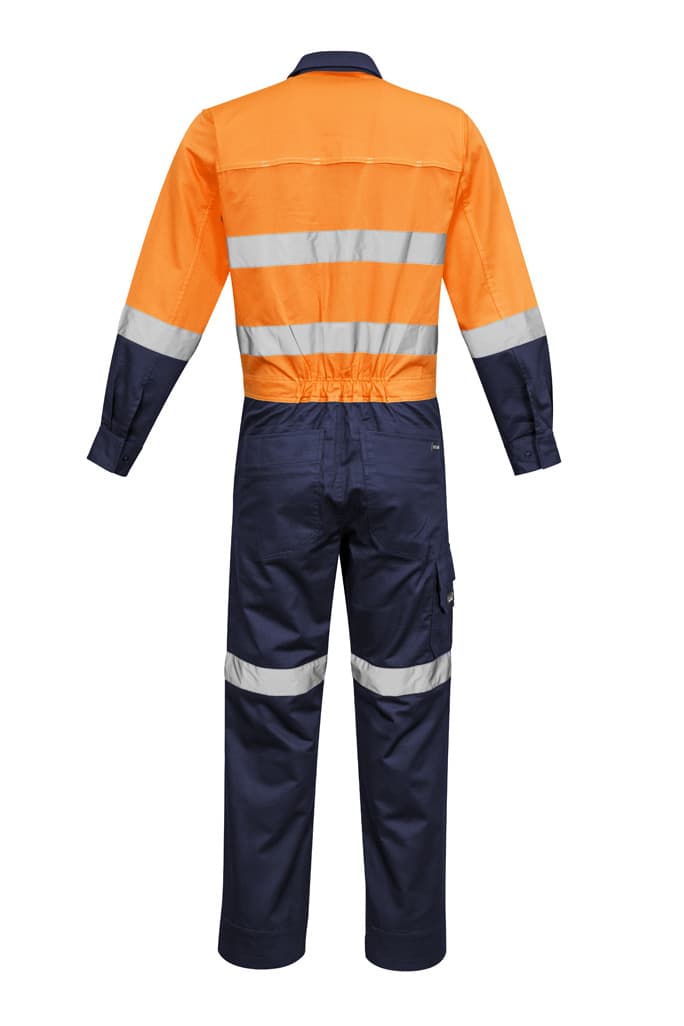 A rugged overall in orange and navy blue with reflective stripes. Features a logo on the front.