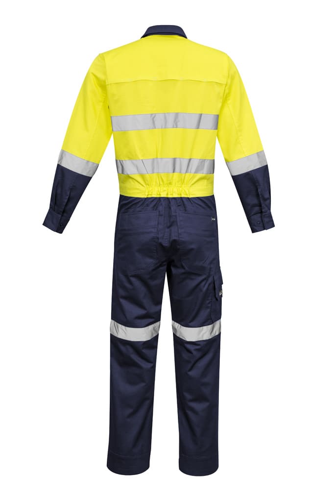 A high-visibility overall in yellow and navy with reflective strips, featuring a logo and long sleeves.