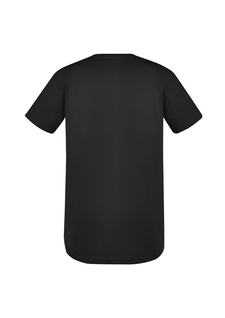 A black men's t-shirt featuring short sleeves and a rounded hem. It has a brand logo on the back.