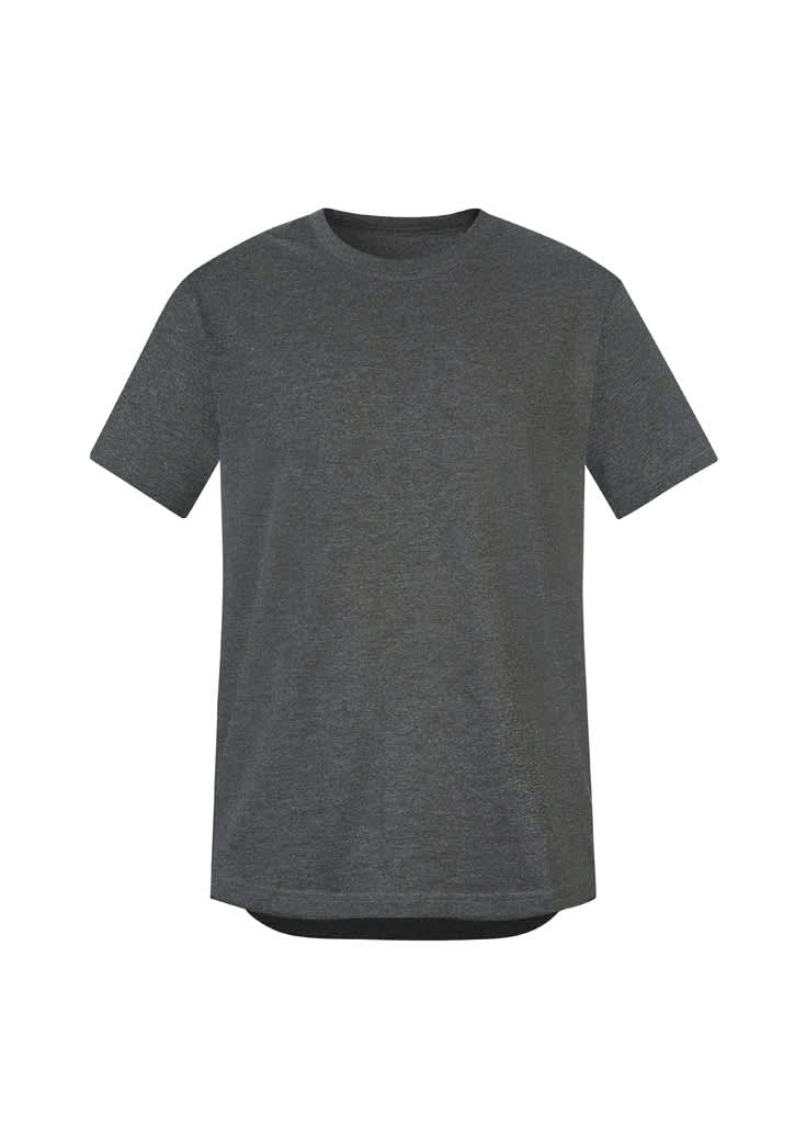 A dark grey men's t-shirt with short sleeves and a round neckline. It features a logo on the front.