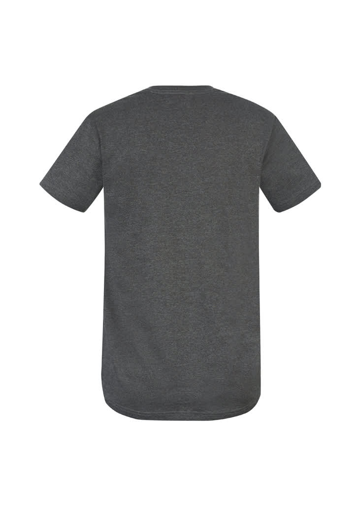 A grey men's T-shirt with short sleeves and a rounded hem, featuring a branding logo.