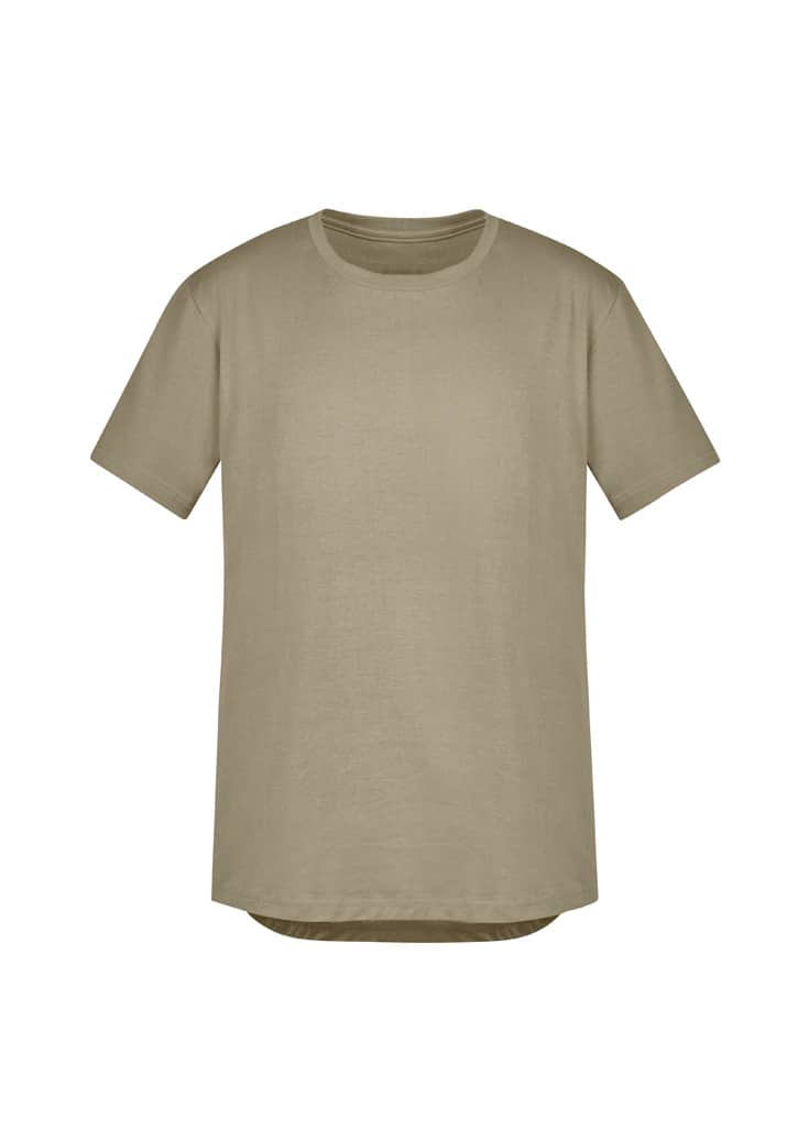 A khaki short-sleeved men's t-shirt with a straight cut and a logo. Designed for casual wear.