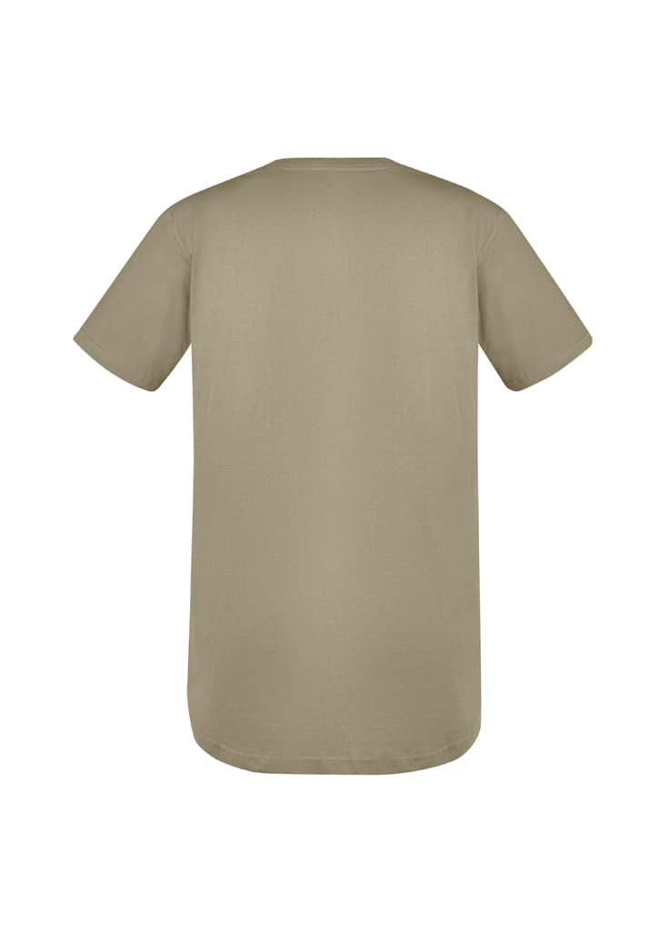 A khaki green short-sleeved T-shirt with a rounded hem and a logo on the back.