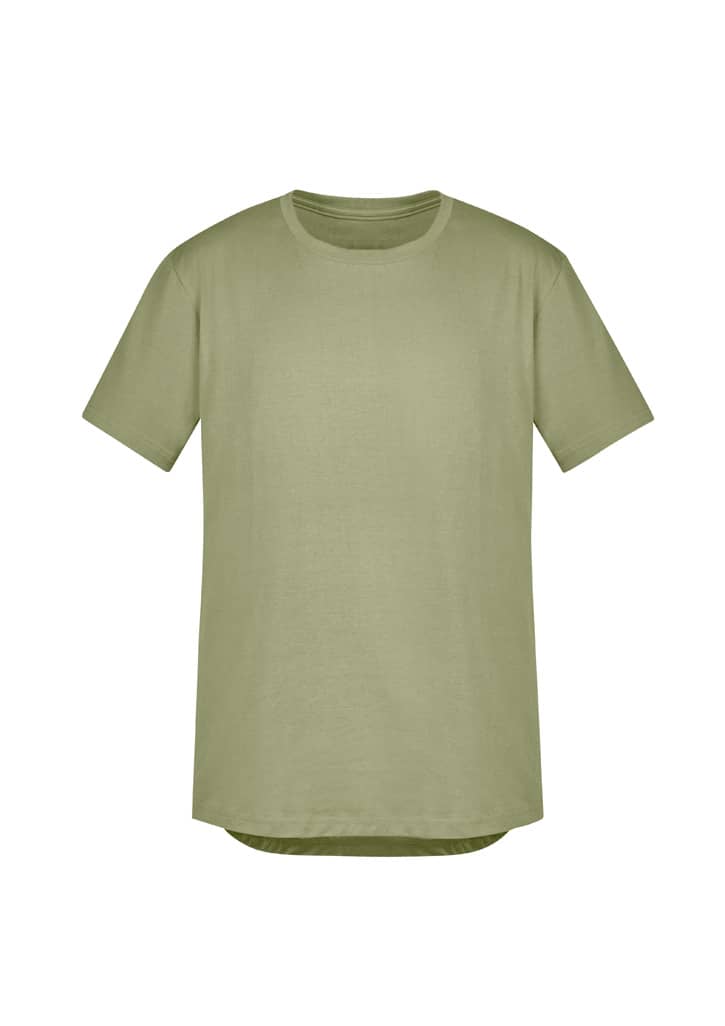 A light olive green men's t-shirt with a relaxed fit and short sleeves. It features a logo on the front.
