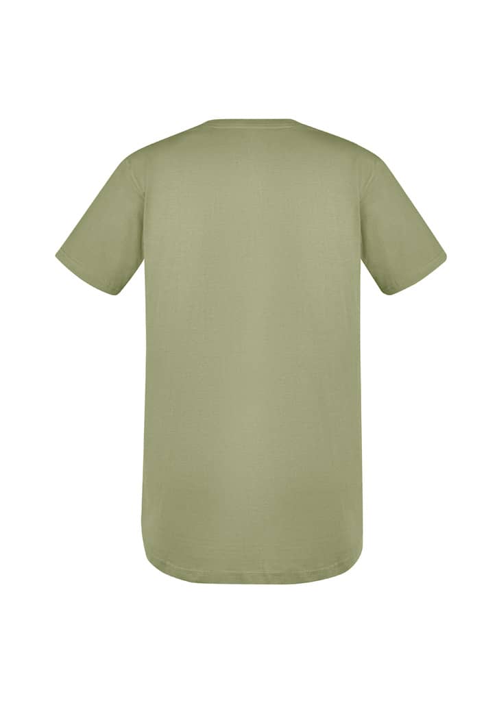 A green men's t-shirt with short sleeves and a rounded hem, featuring a logo on the back.