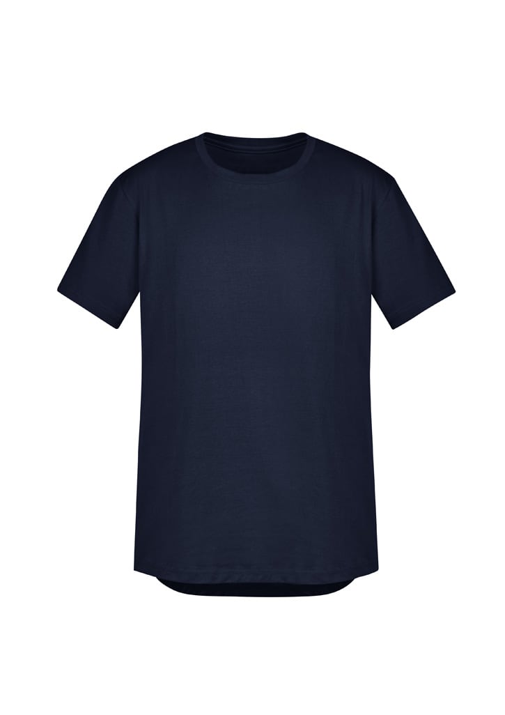 A navy blue men's T-shirt with a crew neck and short sleeves, featuring a logo.
