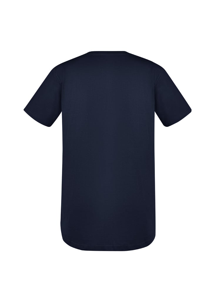 A navy blue men's T-shirt with short sleeves and a rounded hem, featuring a logo.