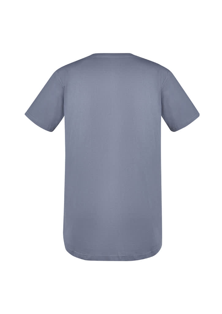 A grey men's T-shirt with short sleeves and a rounded hem, featuring a logo on the back.