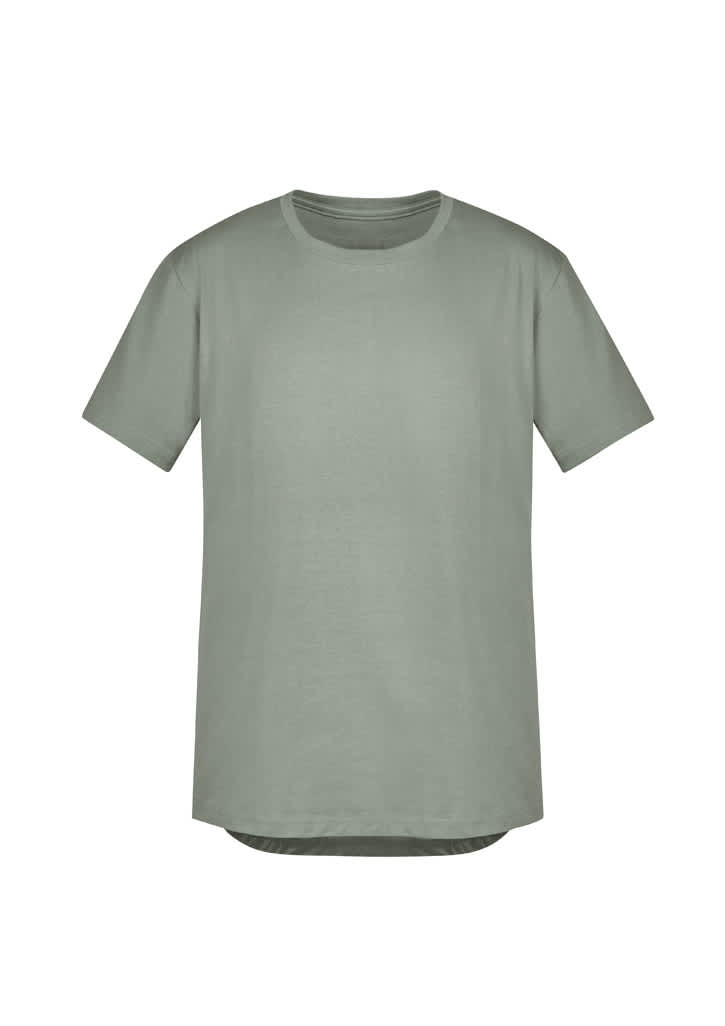 A green men's T-shirt with a classic crew neck and short sleeves. It features a logo on the front.