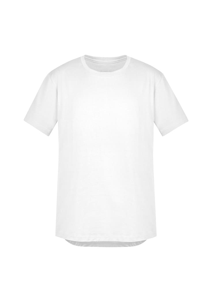 A plain white T-shirt featuring short sleeves and a rounded neckline, with a subtle logo present.