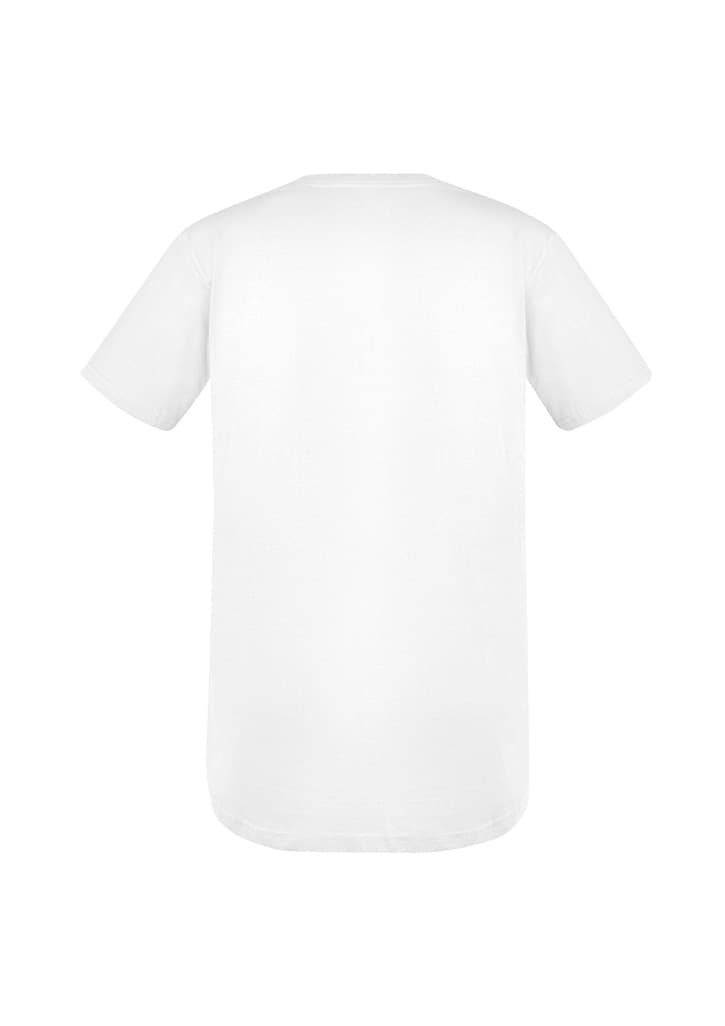 A plain white men's t-shirt featuring short sleeves and a crew neck. It has a branding logo on the back.