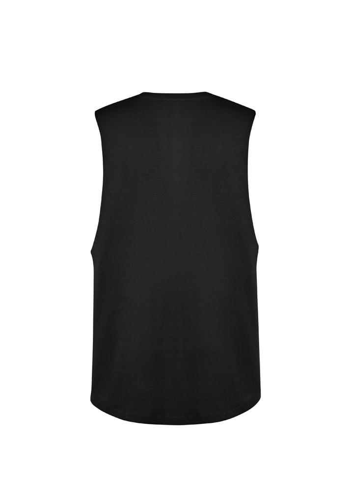 A black sleeveless tee with a rounded hem and a simple design. It features a logo on the back.