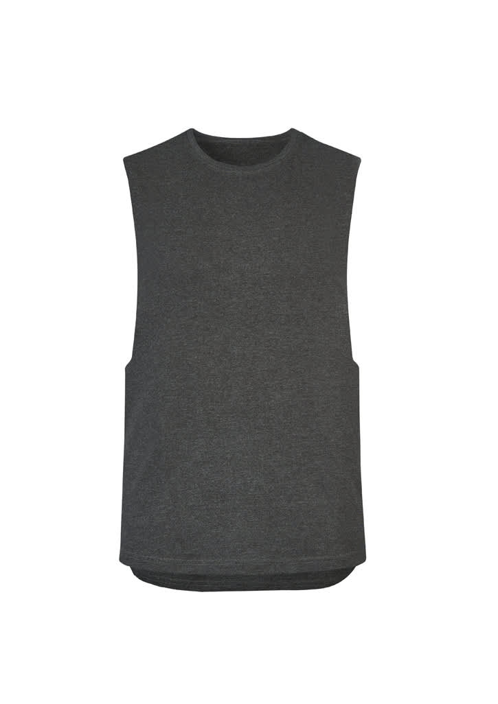 A men's sleeveless tee in dark grey with a simple, unbranded design and a relaxed fit.