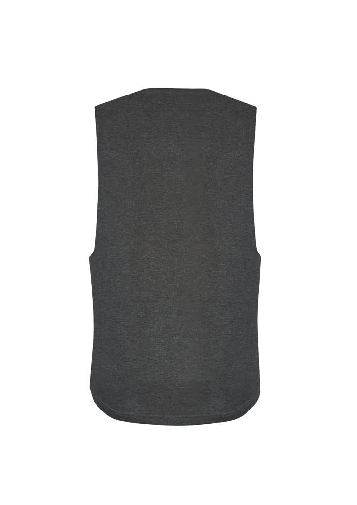 A dark grey sleeveless tee with a rounded bottom hem and no front design. It features a logo on the back.