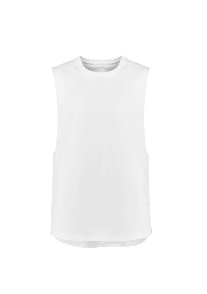 A white sleeveless tee with a relaxed fit, featuring a simple design and no visible branding.