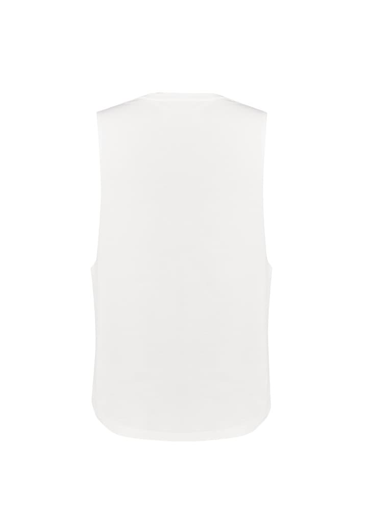 A sleeveless tee in white, featuring a simple design and a logo on the back.