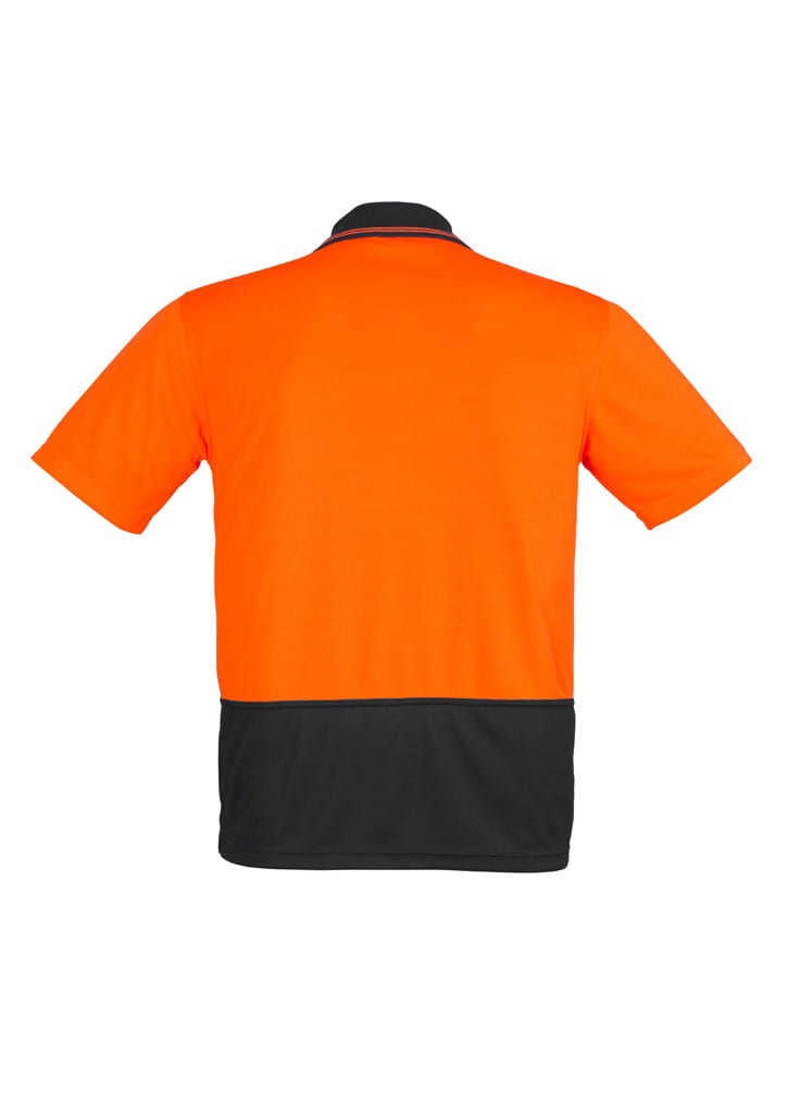 A short sleeve polo shirt in high visibility orange and black, featuring a collar and a logo.