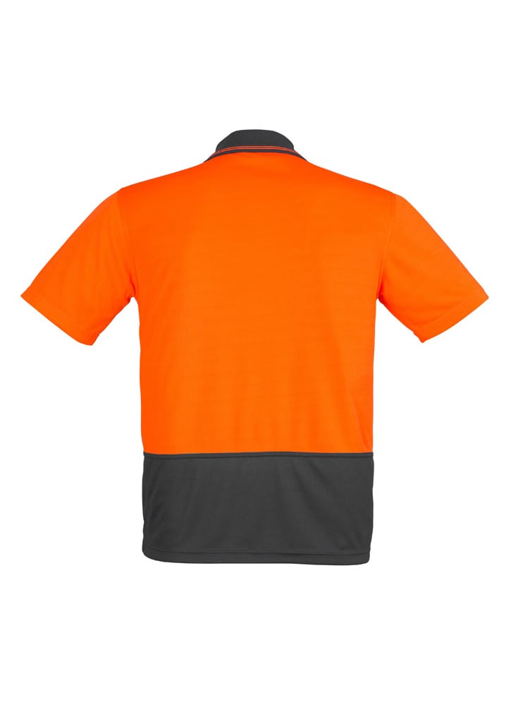 A short sleeve polo shirt in bright orange and dark grey, featuring a collar and a logo.