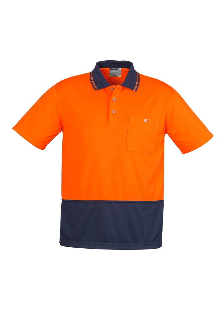 A bright orange and navy unisex short sleeve polo shirt with a chest pocket and a logo.