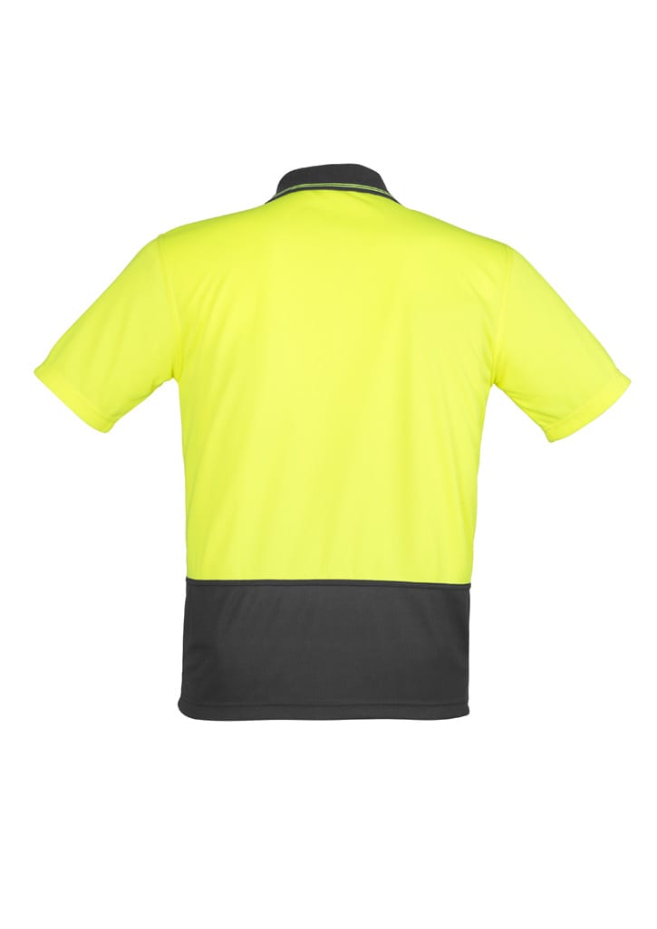 A high visibility yellow unisex short sleeve polo shirt with a dark grey lower panel and a collar, featuring a logo.
