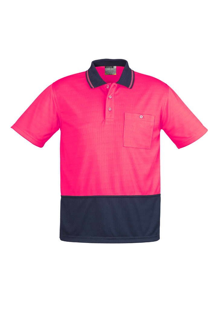 A vibrant pink and navy unisex short sleeve polo shirt featuring a pocket and a logo.