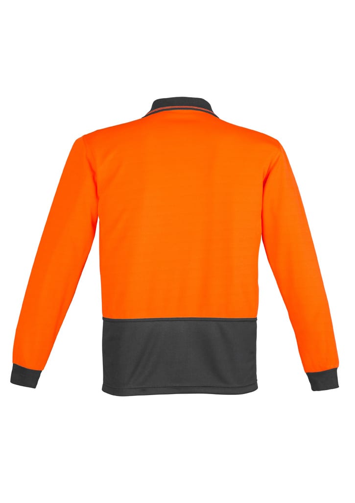 A long sleeve unisex polo in high visibility orange with a black lower panel, featuring a collar and cuffs.