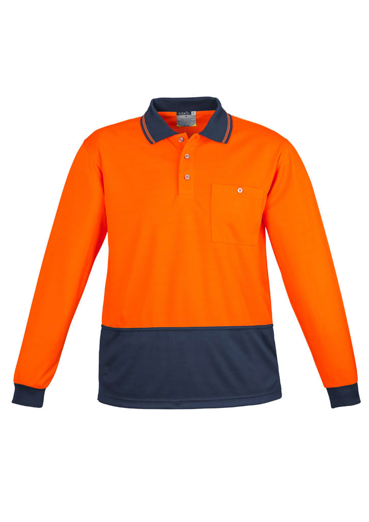 A long sleeve polo shirt in bright orange and navy, featuring a pocket and a logo. Ideal for workwear.