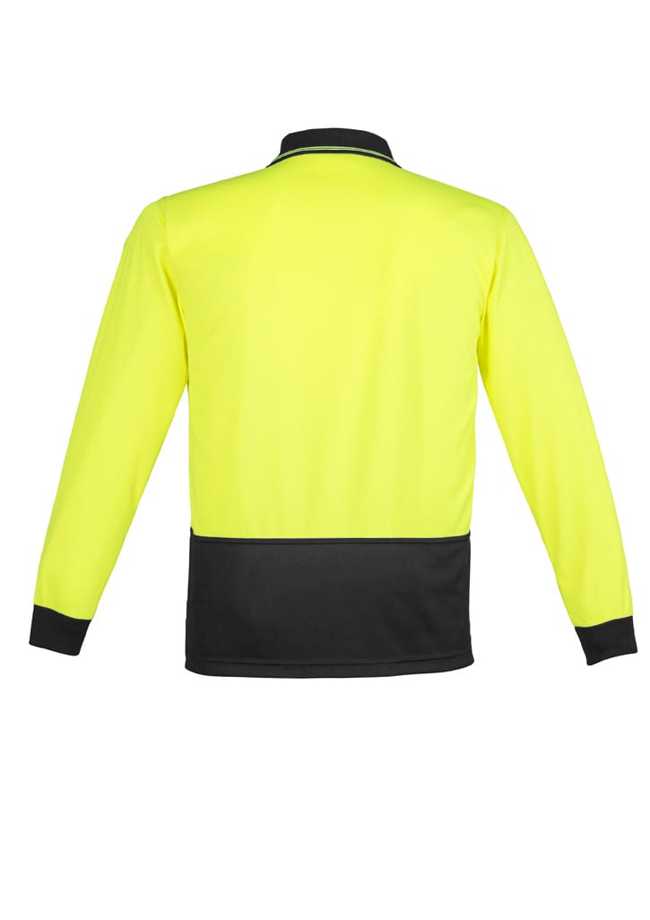 A unisex long sleeve polo in bright yellow with black detailing and a logo on the chest.