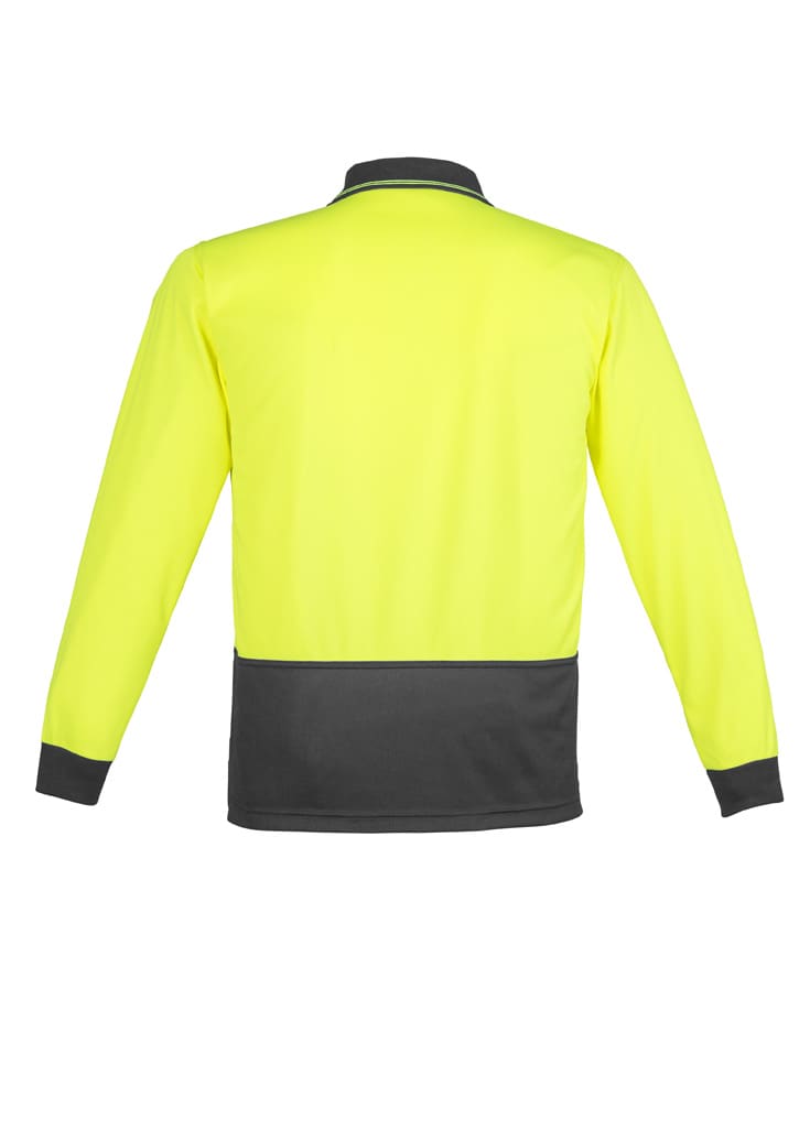 A unisex long sleeve polo shirt in high visibility yellow with black accents. Features a collar and branding.
