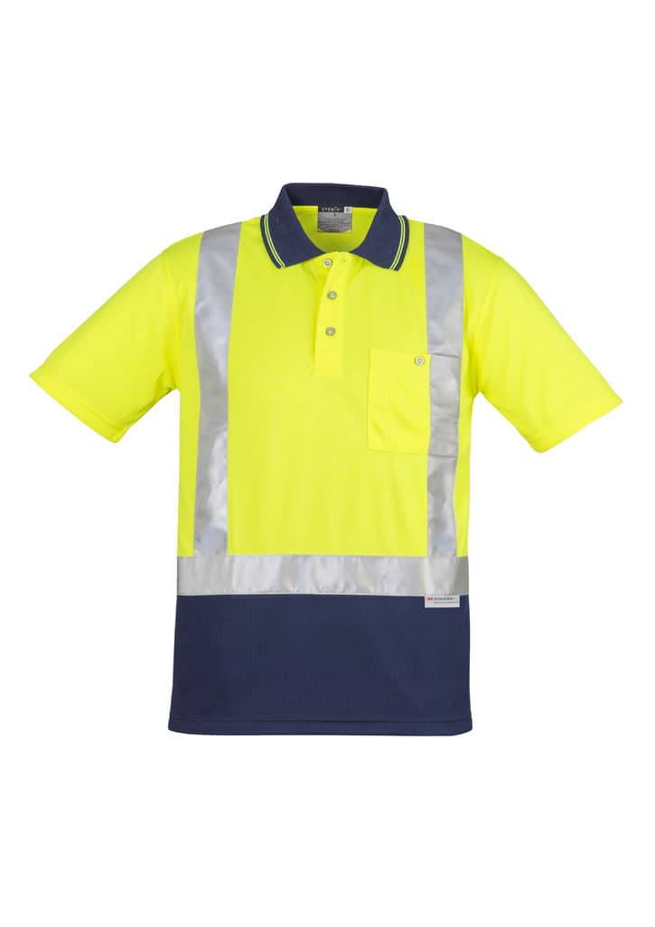 A bright yellow hi-vis polo shirt with navy blue highlights and reflective tape across the front and shoulders.