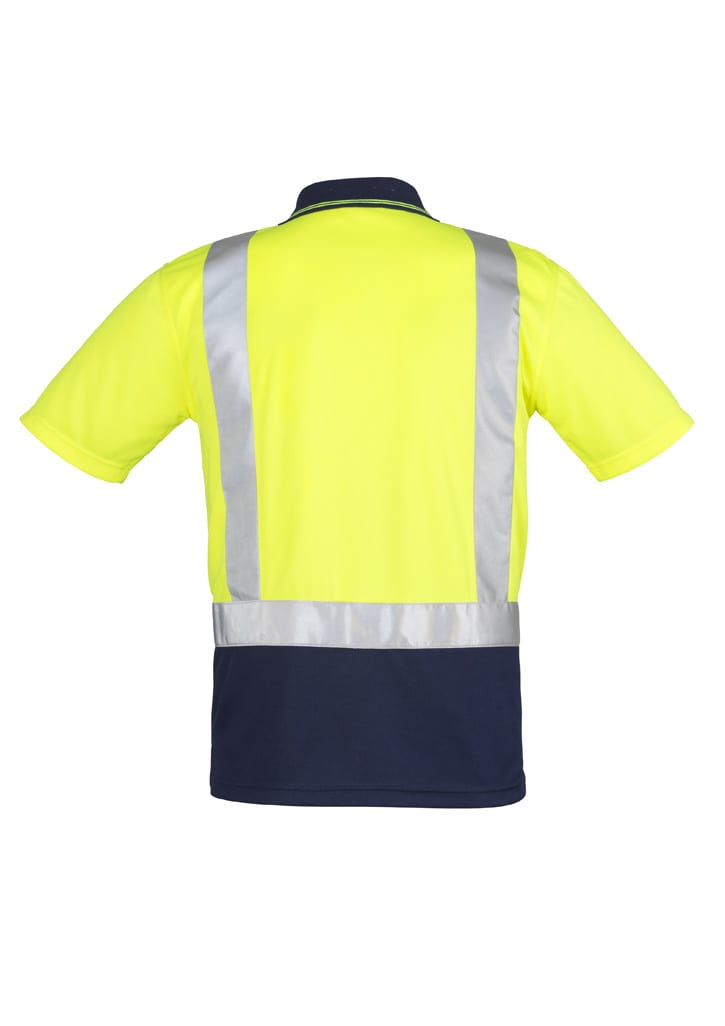 A bright yellow and navy men's polo shirt with reflective shoulder tape for visibility. Features a logo on the front.