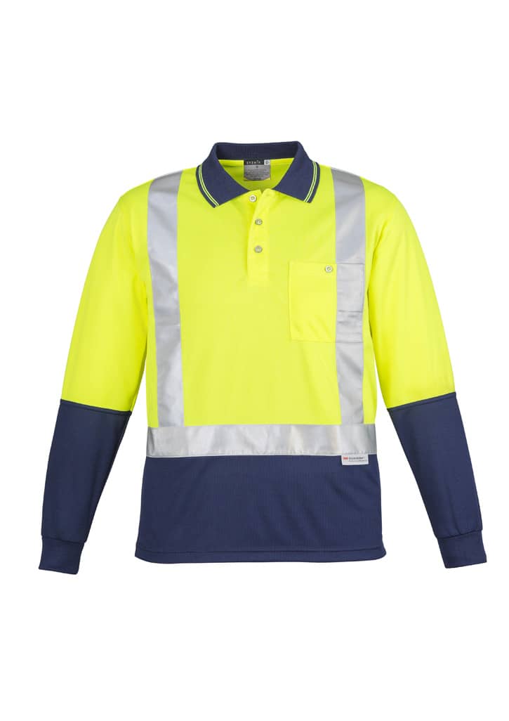 A long-sleeve polo shirt featuring hi-vis yellow and navy colours, with shoulder taping and a pocket. The shirt has a logo.