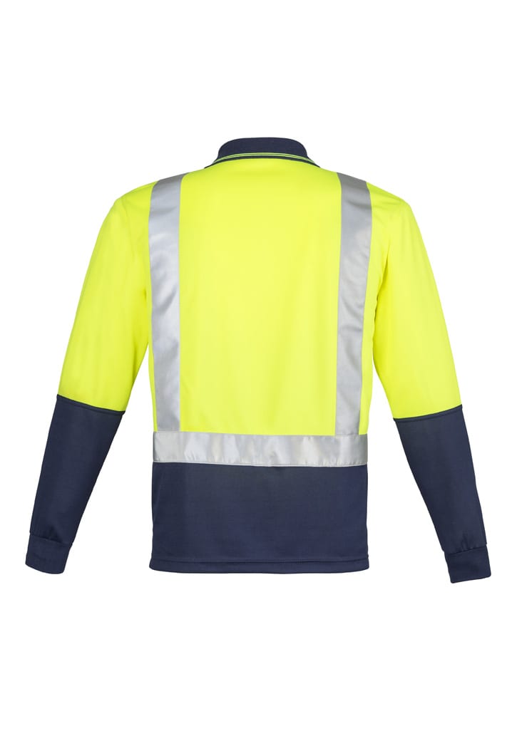 A long sleeve polo shirt featuring high visibility yellow fabric with navy blue sections and reflective tape.