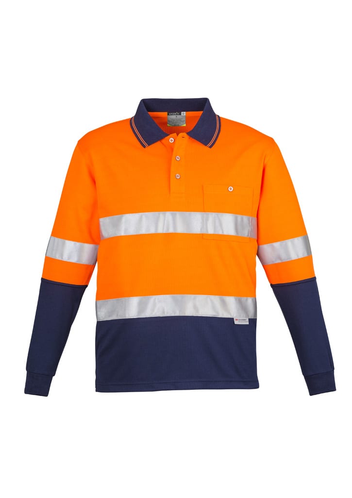 A long sleeve polo shirt in orange and navy, featuring hoop-taped reflective stripes and a pocket. It has a logo.