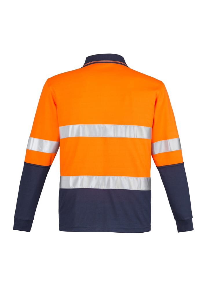 A long sleeve polo shirt featuring orange and navy, with hoop tape reflective strips and a logo.