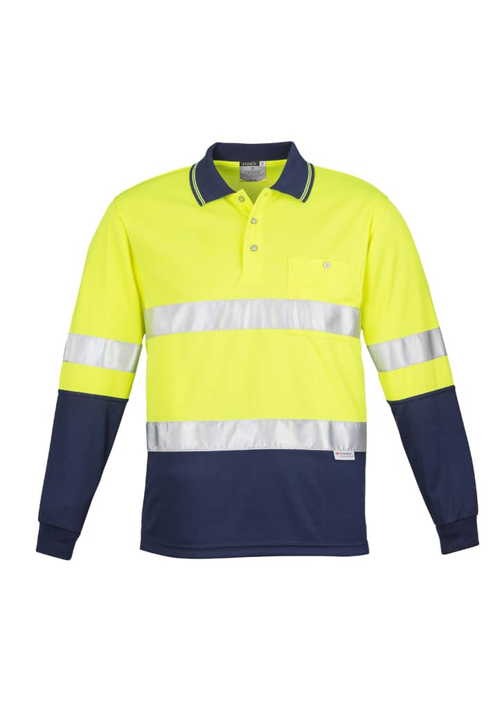 A long sleeve polo shirt featuring high visibility yellow with navy accents and reflective hoop tape. It includes a logo.