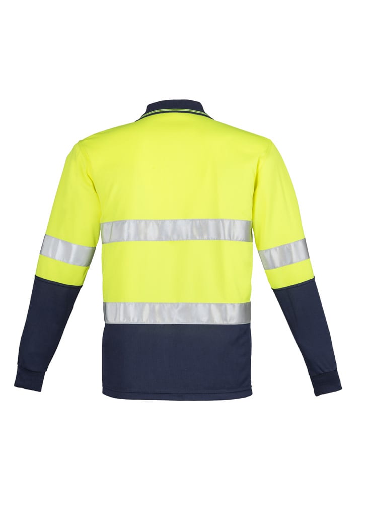 A long sleeve polo shirt in high visibility yellow and navy, featuring reflective hoop tape and a branding logo.