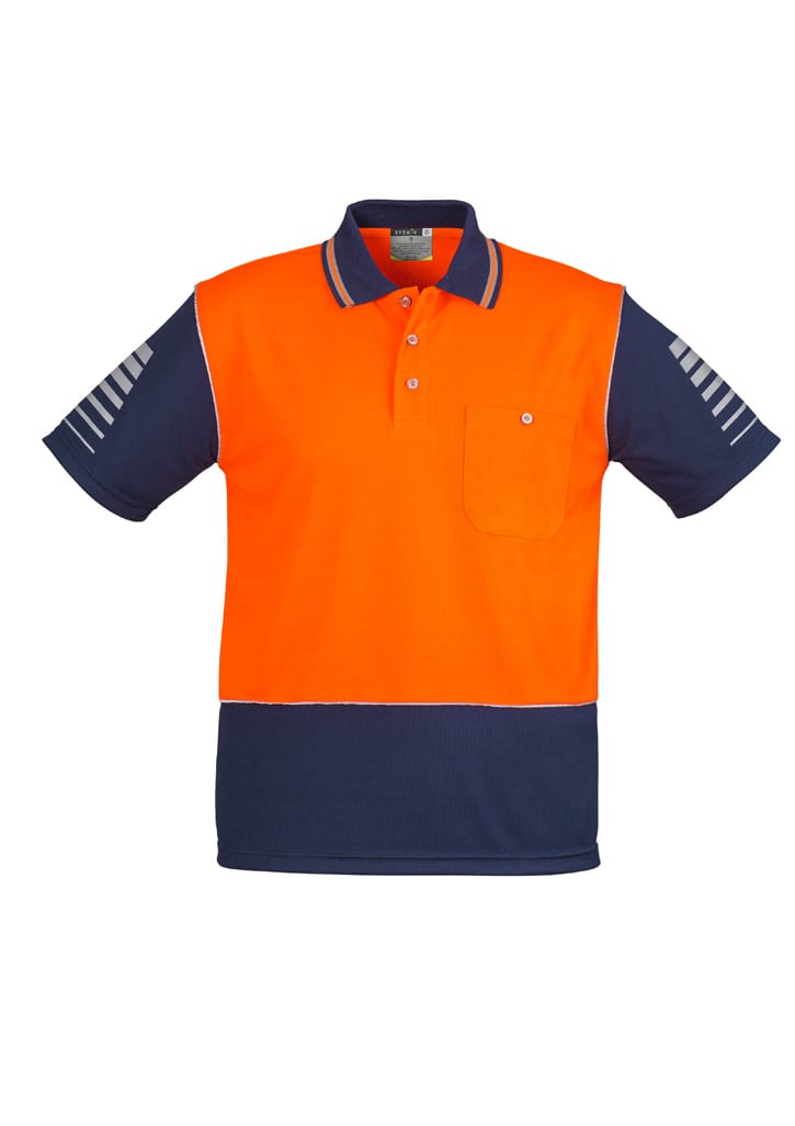A high visibility short sleeve polo in orange and navy, featuring a pocket and striped detailing on the sleeves.
