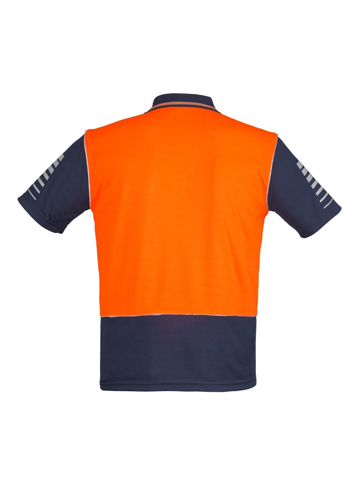 A short sleeve polo shirt in orange and navy, featuring a logo on the front and reflective details on the sleeves.