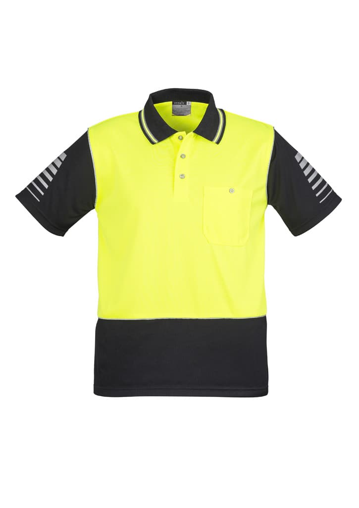 A short sleeve polo shirt in hi-vis yellow with black detailing and reflective stripes. It features a pocket and logo.