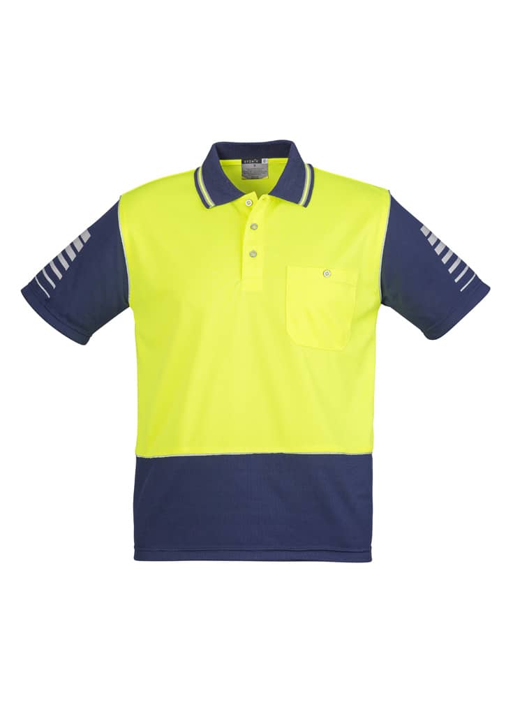A high-visibility short sleeve polo shirt in yellow and navy blue, featuring a pocket and a logo on the chest.