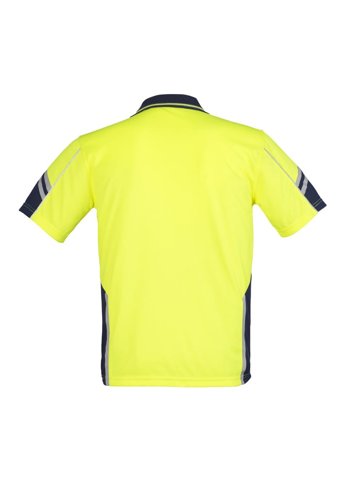 A short sleeve polo shirt in bright yellow with navy accents and reflective strips. It features a branding logo.