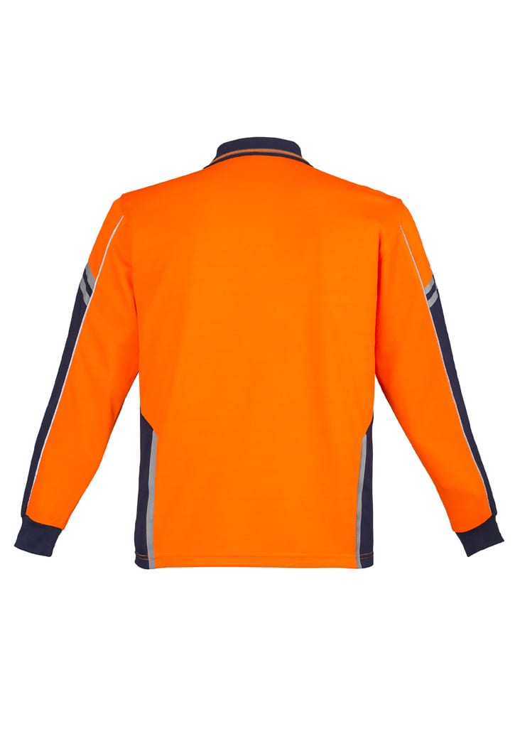 An orange long sleeve polo shirt featuring navy blue accents and reflective elements, with a branding logo.