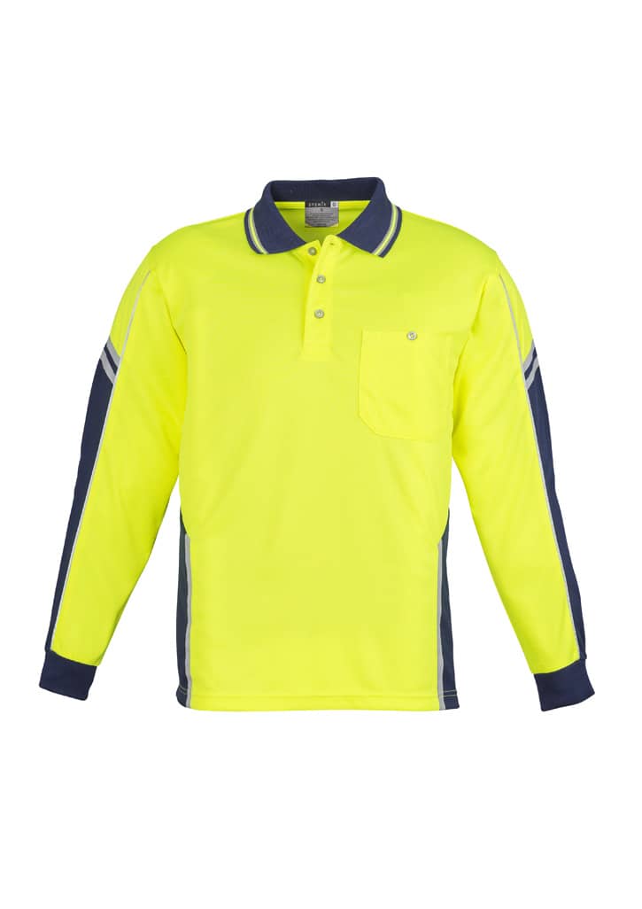 A long sleeve polo in bright yellow and navy, featuring a collar, a pocket, and logo branding.