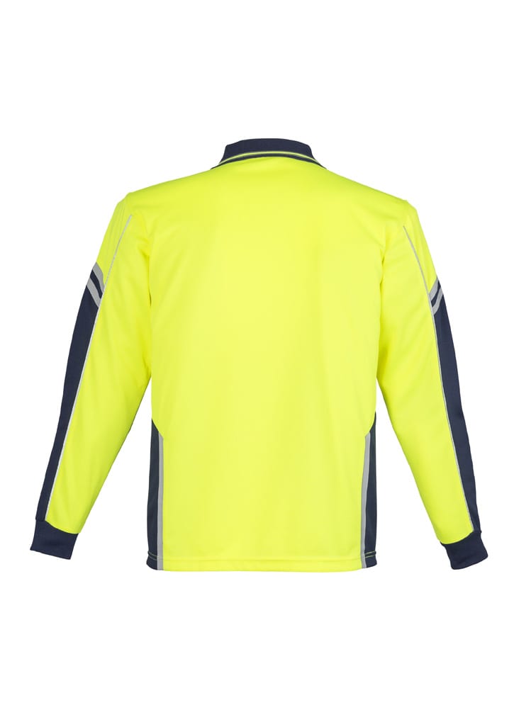 A long-sleeve polo in hi-vis yellow with navy accents and reflective detailing. Includes a logo on the front.