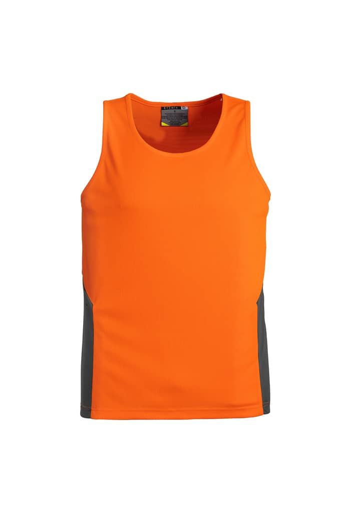 A bright orange singlet featuring grey side panels and a logo. Suitable for workwear applications.