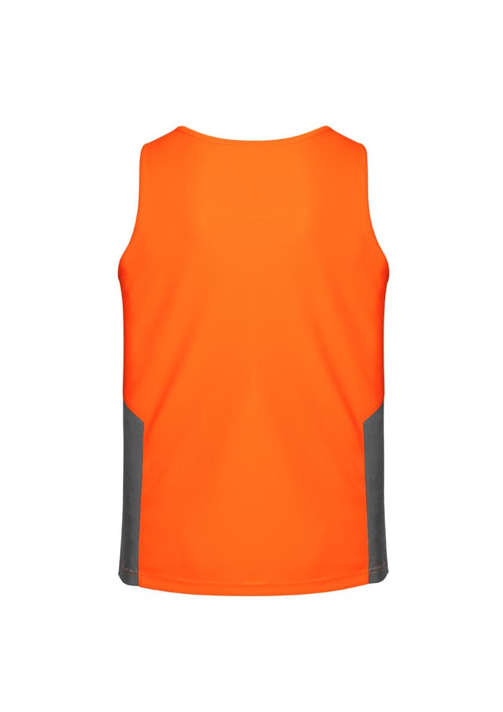 A hi-vis singlet in orange with grey side panels, featuring a logo on the back.