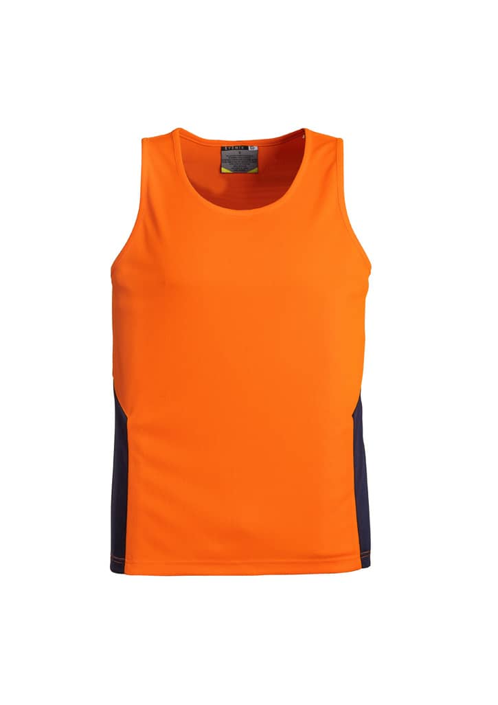 An orange men's singlet with navy side panels, featuring a logo on the neckline. Suitable for workwear.