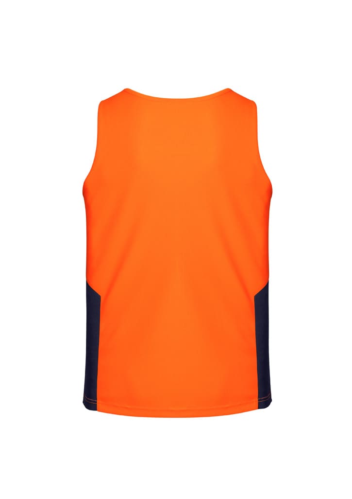 An orange and navy singlet with a sleeveless design, featuring a logo on the back.
