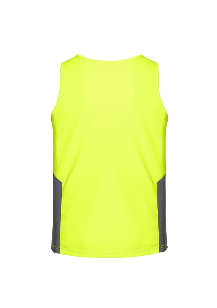 A bright yellow men's hi-vis singlet with grey side panels and a logo. Suitable for workwear.